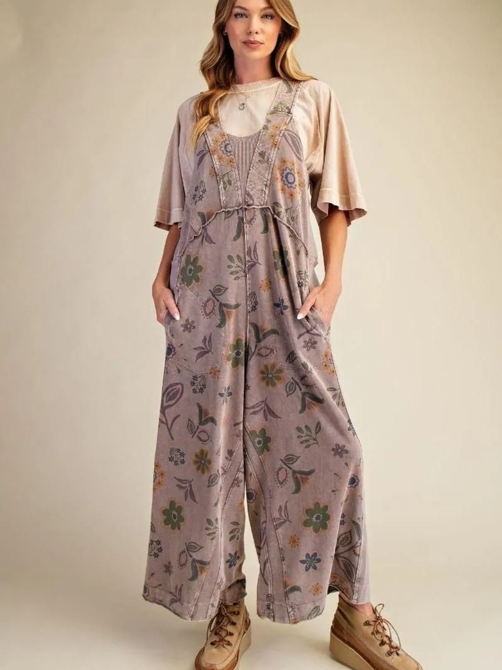 Easel Boho Floral Wide-Leg Jumpsuit in Dusty Mauve Sz S